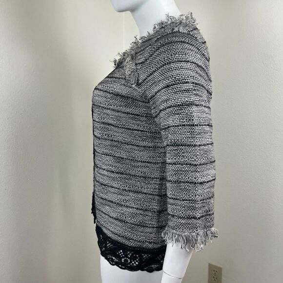 Chico's Womens Size 3 Black Gray Lace Tweed Fringe Cardigan Cotton Sweater - Picture 10 of 12